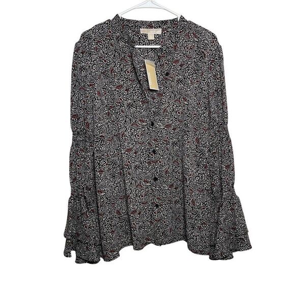 Michael Kors Blouse Women's XL Flare Sleeve Button Up Printed Career Top NWT - Picture 1 of 11